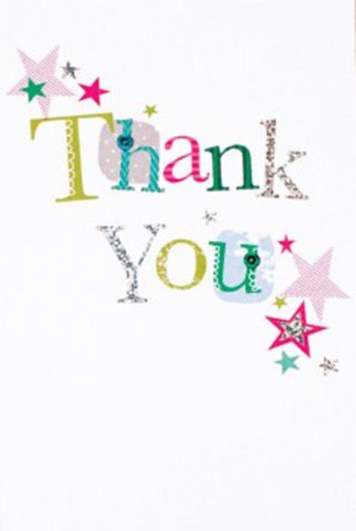 The elegant sweep of letters across this thank you card exudes subtle exuberance, each character brimming with personality-some whimsical with bright dots and rounded curves, others graceful and almost melodic in flow. Bold stars, striped in pink or shimmering in silver, mingle near the inscription, while dashes of turquoise add a playful undertone, akin to the lively spirit of a summer's day in Bexleyheath. All of this rests on a pure white background, giving the composition a refreshing modernity-much like the contemporary bouquets crafted at Flowers Bexleyheath. The overall effect is both sophisticated and approachable: not too formal, never too casual, a universally warm expression of gratitude. This is the sort of note you'd find nestled beside a bouquet sent to a home near Danson Lake-heartfelt, uplifting, and just as memorable as a warm thank you at the end of a successful gathering. Its discerning design and joyful execution speak to the artistry and friendliness at the heart of Bexleyheath.